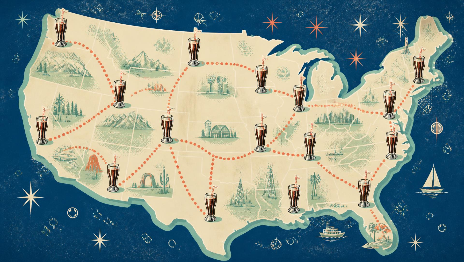 Retro illustrated map of the United States dotted with soda fountain markers